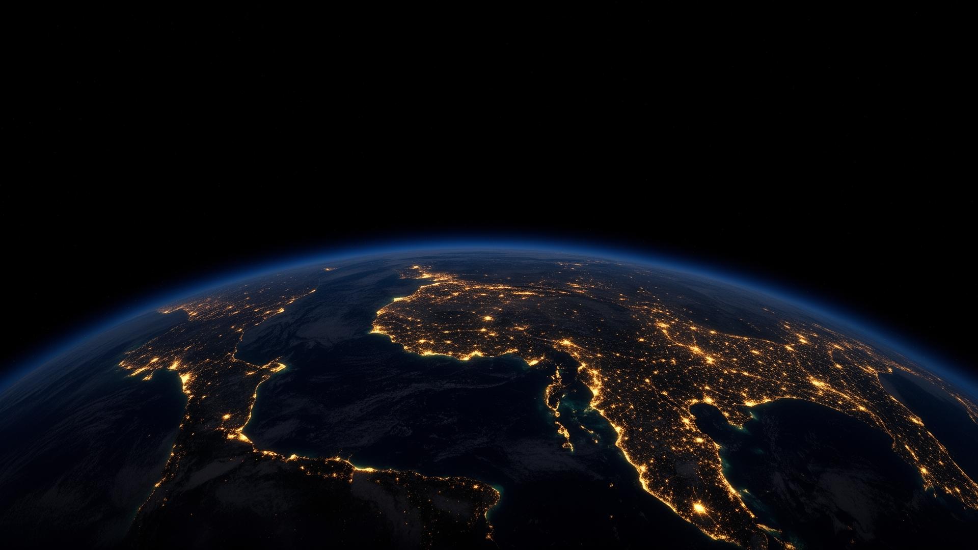 Earth at night seen from space, glowing with global city lights